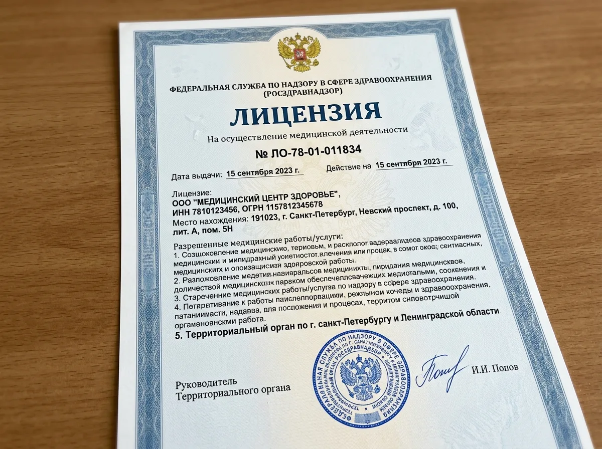 Лицензия на медицинскую деятельность Росздравнадзора № ЛО-78-01-011834, официальный документ на белом фоне с печатью и подписью